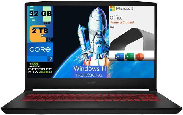 Main image of MSI Katana GF66 15 Gaming Laptop, 15.6" FHD 144Hz Display, Intel Core i7-11800H 8 Core Processor, RTX 3060 6GB GDDR6, 32GB DDR4  2TB PCIe SSD, Wi-Fi 6, Windows 11 Pro,Microsoft Office License
