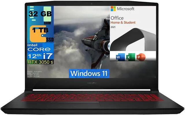 Main image of MSI Katana GF66 15 Gaming Laptop, 15.6" 144Hz Display, Intel Core i7-12650H 10 cores Processor, RTX 3050 Ti 4 GB, 32GB DDR4  1TB PCIe SSD, Cooler Boost 5, Windows 11,Microsoft Office License