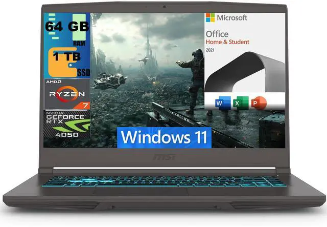 Main image of MSI Thin A15 Gaming Laptop, 15.6" FHD 144Hz, AMD Ryzen 7 7735HS 8 Cores Processor, GeForce RTX 4050 6GB GDDR6, 64GB DDR5  1TB PCIe SSD, Cooler Boost 5, Windows 11,Microsoft Office License