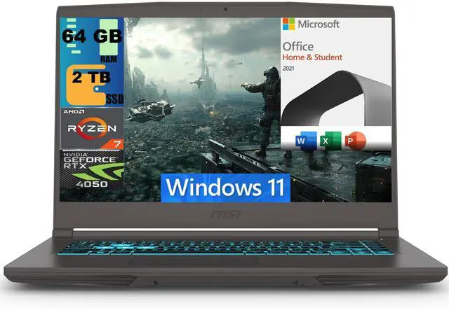 Main image of MSI Thin A15 Gaming Laptop, 15.6" FHD 144Hz, AMD Ryzen 7 7735HS 8 Cores Processor, GeForce RTX 4050 6GB GDDR6, 64GB DDR5  2TB PCIe SSD, Cooler Boost 5, Windows 11,Microsoft Office License