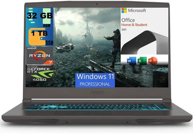 Main image of MSI Thin A15 Gaming Laptop, 15.6" FHD 144Hz, AMD Ryzen 7 7735HS 8 Cores Processor, GeForce RTX 4050 6GB GDDR6, 32GB DDR5  1TB PCIe SSD, Cooler Boost 5, Windows 11 Pro,Microsoft Office License