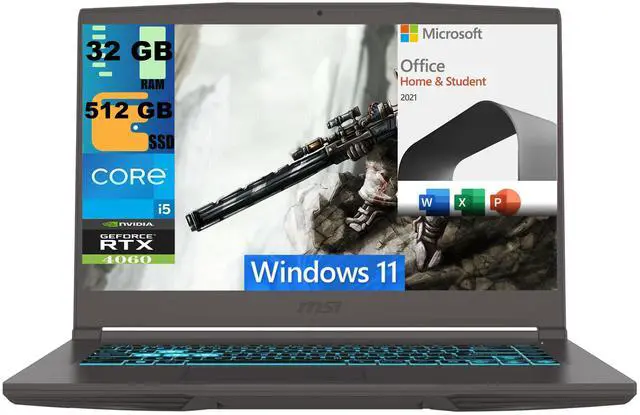 Main image of MSI Thin 15 Gaming Laptop, 15.6" FHD 144Hz, Intel Core i5-13420H 8 Cores Processor, NVIDIA GeForce RTX 4060 8GB Graphic, 32GB DDR4  512GB PCIe SSD, Backlit KB, Windows 11,Microsoft Office License