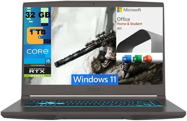 Main image of MSI Thin 15 Gaming Laptop, 15.6" FHD 144Hz, Intel Core i5-13420H 8 Cores Processor, NVIDIA GeForce RTX 4060 8GB Graphic, 32GB DDR4  1TB PCIe SSD, Backlit KB, Windows 11,Microsoft Office License