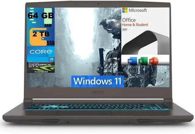 Main image of MSI Thin 15 Gaming Laptop, 15.6" FHD 144Hz, Intel Core i5-13420H 8 Cores Processor, NVIDIA GeForce RTX 4050 6GB Graphic, 64GB DDR4  2TB PCIe SSD, Backlit KB, Windows 11,Microsoft Office License