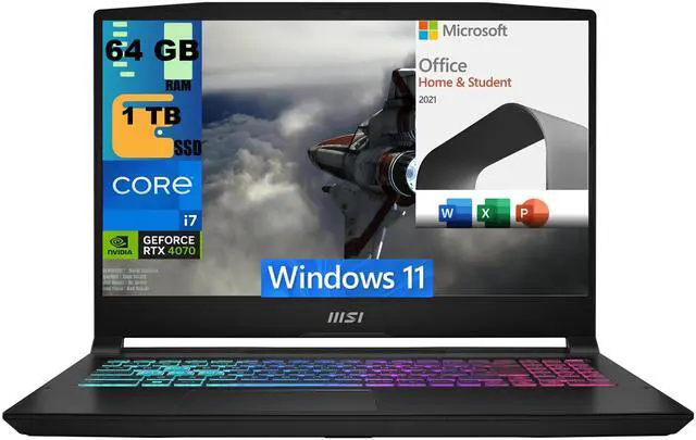 Main image of MSI Katana 15 Gaming Laptop, 15.6" 165Hz QHD Display, Intel Core i7-13620H 10 Cores Processor, RTX 4070 8GB GDDR6, 64GB DDR5  1TB PCIe SSD, Cooler Boost 5, Windows 11,Microsoft Office License