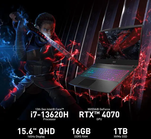 Alt view image 3 of 6 - MSI Katana 15 Gaming Laptop, 15.6" 165Hz QHD Display, Intel Core i7-13620H 10 Cores Processor, RTX 4070 8GB GDDR6, 32GB DDR5  1TB PCIe SSD, Cooler Boost 5, Windows 11,Microsoft Office License