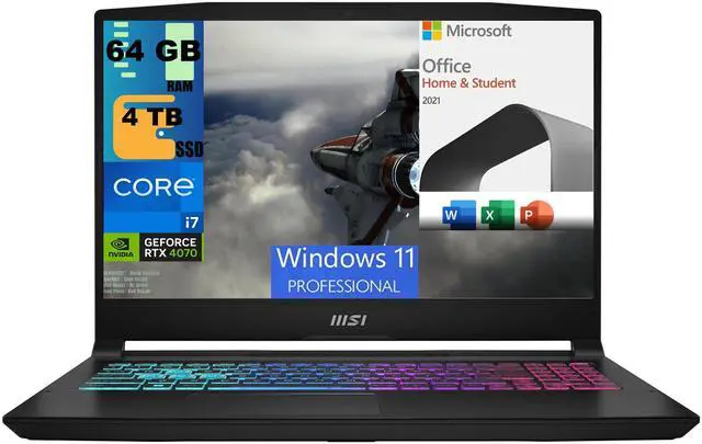 Main image of MSI Katana 15 Gaming Laptop, 15.6" 165Hz QHD Display, Intel Core i7-13620H 10 Cores Processor, RTX 4070 8GB GDDR6, 64GB DDR5  4TB PCIe SSD, Cooler Boost 5, Windows 11 Pro,Microsoft Office License