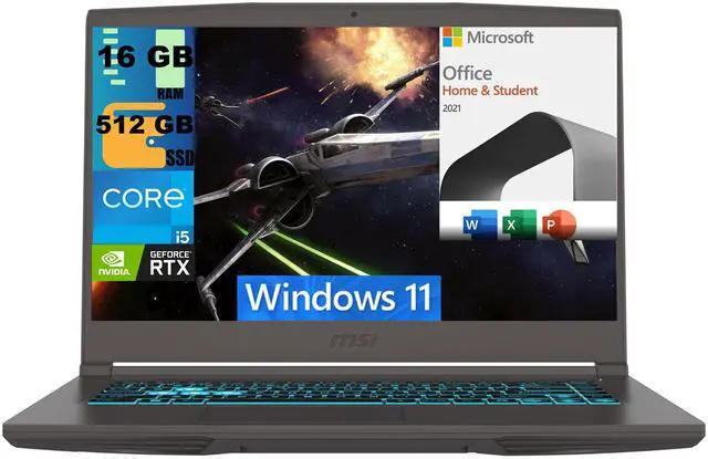 Main image of MSI Thin 15 Gaming Laptop, 15.6" FHD 144Hz, Intel Core i5-12450H 8-Core Processor, GeForce RTX 2050 4 GB GDDR6, 16GB DDR5  512GB PCIe SSD, Backlit KB, Windows 11,Microsoft Office License