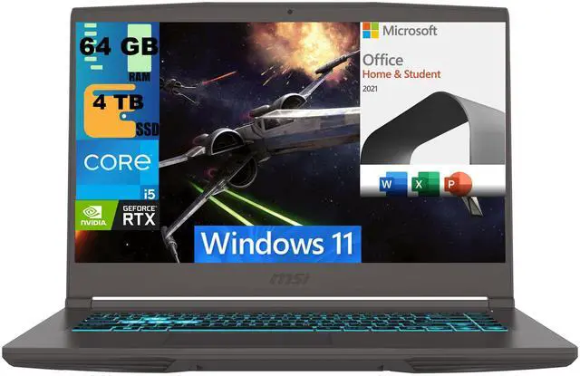 Main image of MSI Thin 15 Gaming Laptop, 15.6" FHD 144Hz, Intel Core i5-12450H 8-Core Processor, GeForce RTX 2050 4 GB GDDR6, 64GB DDR5  4TB PCIe SSD, Backlit KB, Windows 11,Microsoft Office License
