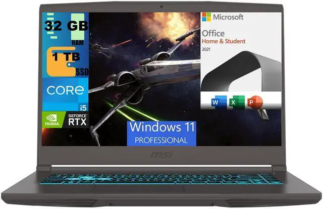 Main image of MSI Thin 15 Gaming Laptop, 15.6" FHD 144Hz, Intel Core i5-12450H 8-Core Processor, GeForce RTX 2050 4 GB GDDR6, 32GB DDR5  1TB PCIe SSD, Backlit KB, Windows 11 Pro,Microsoft Office License