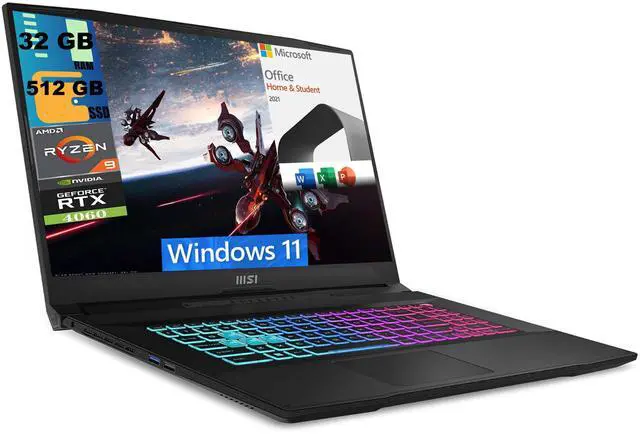 Main image of MSI Katana A17 Gaming Laptop, 17.3" Full HD 144Hz, AMD Ryzen 9 8945HS 8-Core Processor, NVIDIA GeForce RTX 4060 8GB, 32GB DDR5  512GB PCIe SSD, Backlit KB, Windows 11,Microsoft Office License