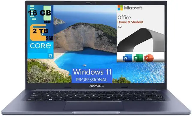 Main image of ASUS VivoBook 14 Slim Laptop, 14" FHD Display, Intel Core i3-1215U 6 cores Processor, Intel UHD Graphics, 16GB DDR4  2TB PCIe SSD, Fingerprint Sensor, Windows 11 Pro,Microsoft Office License