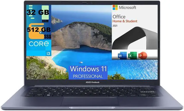 Main image of ASUS VivoBook 14 Slim Laptop, 14" FHD Display, Intel Core i3-1215U 6 cores Processor, Intel UHD Graphics, 32GB DDR4  512GB PCIe SSD, Fingerprint Sensor, Windows 11 Pro,Microsoft Office License
