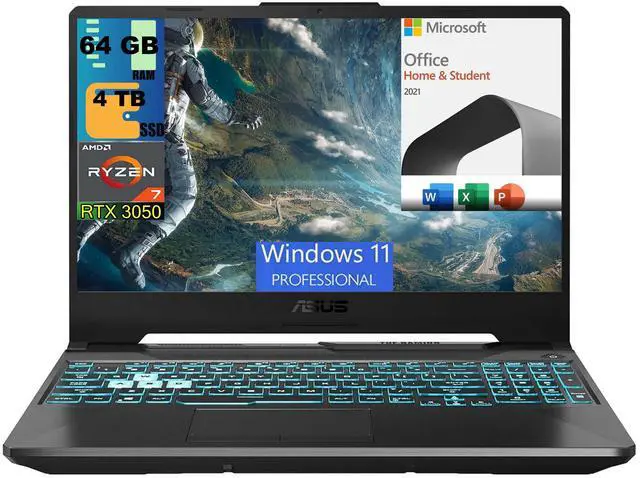 Main image of ASUS TUF A15 Gaming Laptop, 15.6" Full HD 144Hz Display, AMD Ryzen 7 7435HS 8 cores Processor, RTX 3050 4GB GDDR6, 64GB DDR5  4TB PCIe SSD, RGB Backlit KB, Windows 11 Pro,Microsoft Office License