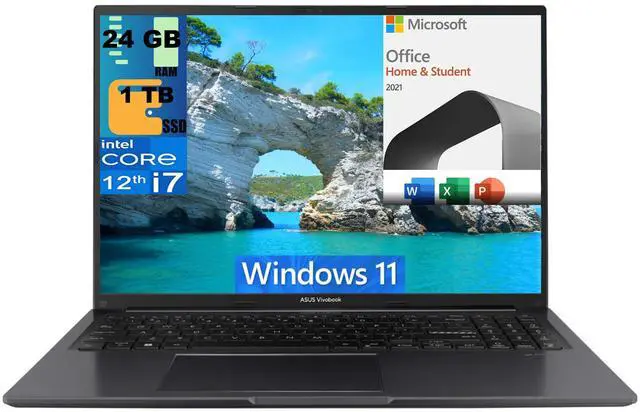 Main image of ASUS Vivobook 16 Laptop, 16" WUXGA (1920 X 1200) Display, Intel Core i7-1255U 10 Cores Processor, Intel Iris Xe Graphics, 24GB DDR4  1TB PCIe SSD, Webcam, Wi-Fi, Windows 11,Microsoft Office License