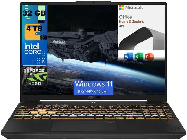 Main image of ASUS TUF F16 Gaming Laptop, 16" FHD+ 144Hz, Intel Core 5 210H 8 Cores processor, RTX 4050 Graphics (6GB GDDR6), 32GB DDR5  4TB  PCIe SSD, RGB Backlit KB, Windows 11 Pro,Microsoft Office License