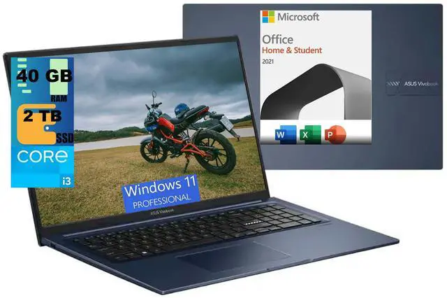 Main image of ASUS Vivobook 17 Laptop, 17.3" FHD (1920 x 1080) Display, Intel Core i3-1215U 6-Core Processor, Intel UHD Graphics, 40GB DDR4  2TB PCIe SSD, Wi-Fi 6E, Windows 11 Pro
