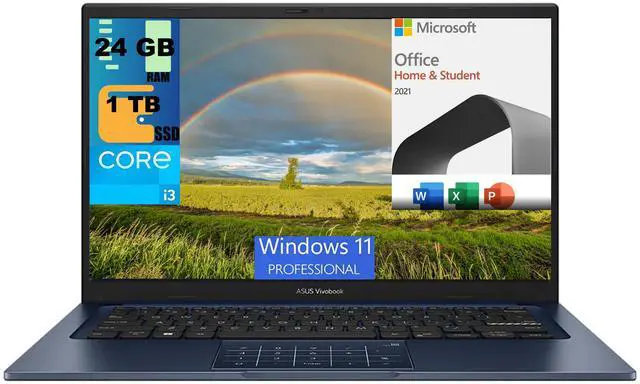 Main image of ASUS Vivobook 14 Laptop, 14" FHD Display, Intel Core i3-1315U 6 cores Processor, Intel UHD Graphics, 24GB DDR4  1TB PCIe SSD, Wi-Fi, Bluetooth, Windows 11 Pro,Microsoft Office License