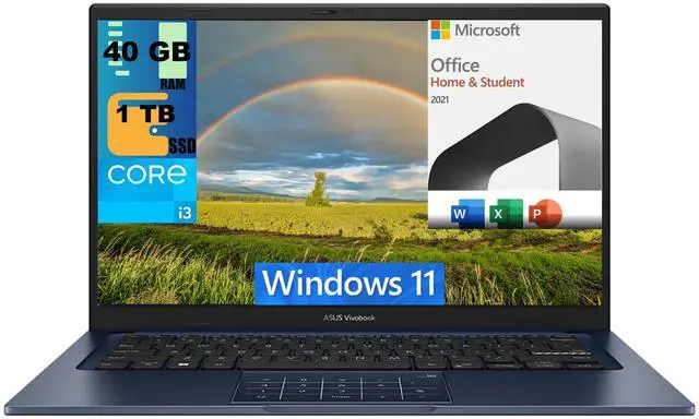 Main image of ASUS Vivobook 14 Laptop, 14" FHD Display, Intel Core i3-1315U 6 cores Processor, Intel UHD Graphics, 40GB DDR4  1TB PCIe SSD, Wi-Fi, Bluetooth, Windows 11,Microsoft Office License