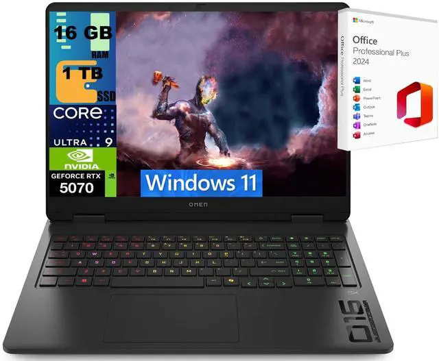 Main image of HP OMEN 16 Gaming Laptop, 16" WQXGA Display, Intel Ultra 9 285H 16 cores Processor, NVIDIA GeForce RTX 5070 8 GB GDDR7, 16GB DDR5  1TB PCIe SSD, RGB Backlit, Windows 11 ,Office 2024 License