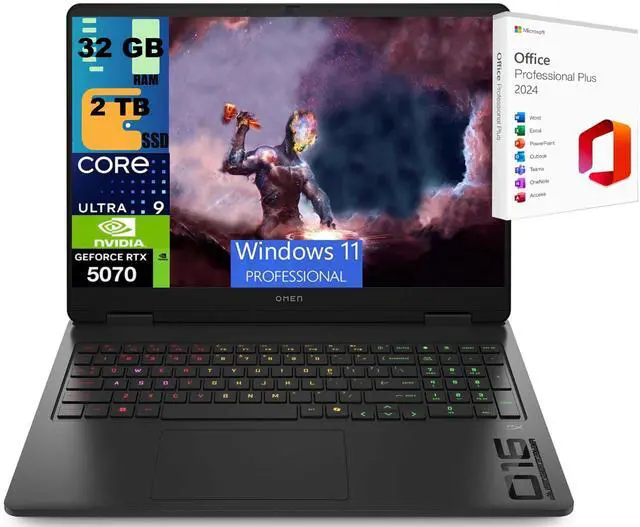 Main image of HP OMEN 16 Gaming Laptop, 16" WQXGA Display, Intel Ultra 9 285H 16 cores Processor, NVIDIA GeForce RTX 5070 8 GB GDDR7, 32GB DDR5  2TB PCIe SSD, RGB Backlit, Windows 11 Pro ,Office 2024 License