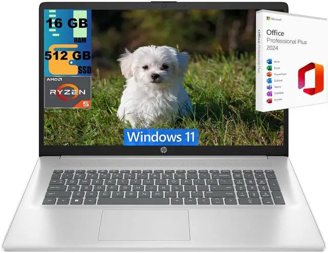 Main image of HP 17 Laptop, 17.3" FHD (1920 x 1080) Display, AMD Ryzen 5 7430U 6 cores Processor, AMD Radeon Graphics, 16GB DDR4  512GB PCIe SSD, HD Webcam, Wi-Fi 6, Windows 11 ,Office 2024 License