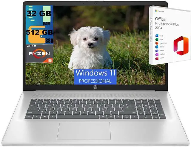 Main image of HP 17 Laptop, 17.3" FHD (1920 x 1080) Display, AMD Ryzen 5 7430U 6 cores Processor, AMD Radeon Graphics, 32GB DDR4  512GB PCIe SSD, HD Webcam, Wi-Fi 6, Windows 11 Pro ,Office 2024 License