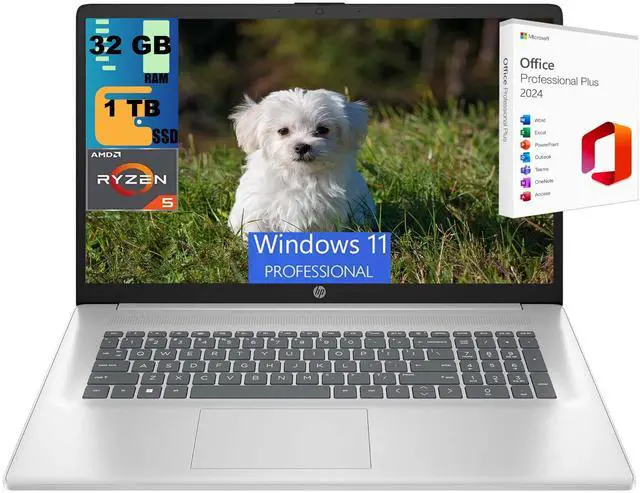 Main image of HP 17 Laptop, 17.3" FHD (1920 x 1080) Display, AMD Ryzen 5 7430U 6 cores Processor, AMD Radeon Graphics, 32GB DDR4  1TB PCIe SSD, HD Webcam, Wi-Fi 6, Windows 11 Pro ,Office 2024 License