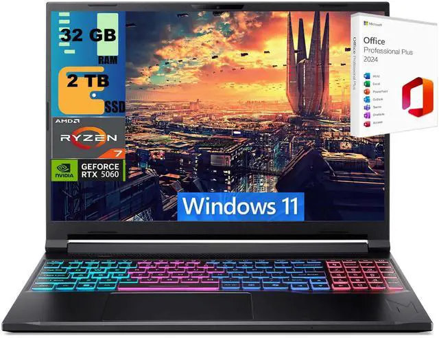 Main image of Acer Nitro 16 Gaming Laptop, 16" WUXGA 180Hz Display, AMD Ryzen 7 260 Octa-Core Processor, NVIDIA GeForce RTX 5060 8 GB GDDR7, 32GB DDR5  2TB PCIe SSD, Wi-Fi 6, Windows 11 ,Office 2024 License