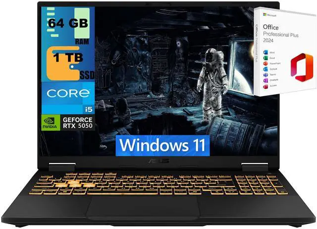 Main image of ASUS TUF F16 Gaming Laptop, 16" FHD+ 165Hz, Intel Core i5-13450HX Processor, NVIDIA GeForce RTX 5050 8GB GDDR6, 64GB DDR5  1TB PCIe SSD, Wi-Fi 6E, Windows 11 ,Office 2024 License