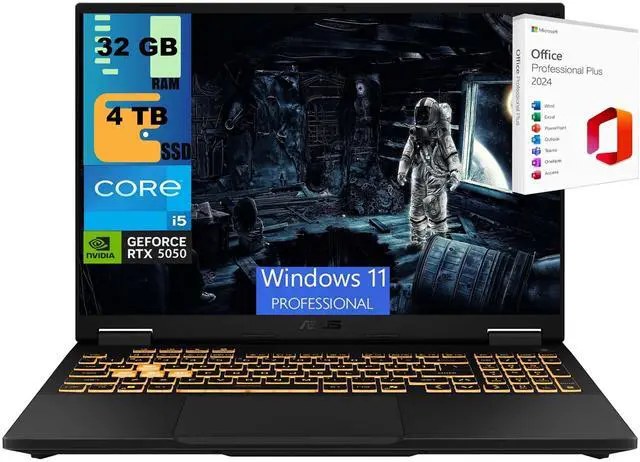 Main image of ASUS TUF F16 Gaming Laptop, 16" FHD+ 165Hz, Intel Core i5-13450HX Processor, NVIDIA GeForce RTX 5050 8GB GDDR6, 32GB DDR5  4TB  PCIe SSD, Wi-Fi 6E, Windows 11 Pro ,Office 2024 License