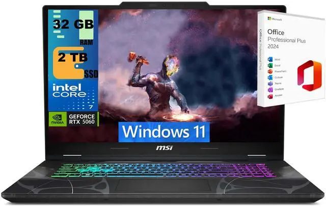 Main image of MSI Cyborg 17 Gaming Laptop, 17.3" FHD 144Hz, Intel Core 7-240H 10-Cores Processor, NVIDIA GeForce RTX 5060 8 GB GDDR7, 32GB DDR5  2TB PCIe SSD, Wi-Fi 6E, Windows 11 ,Office 2024 License