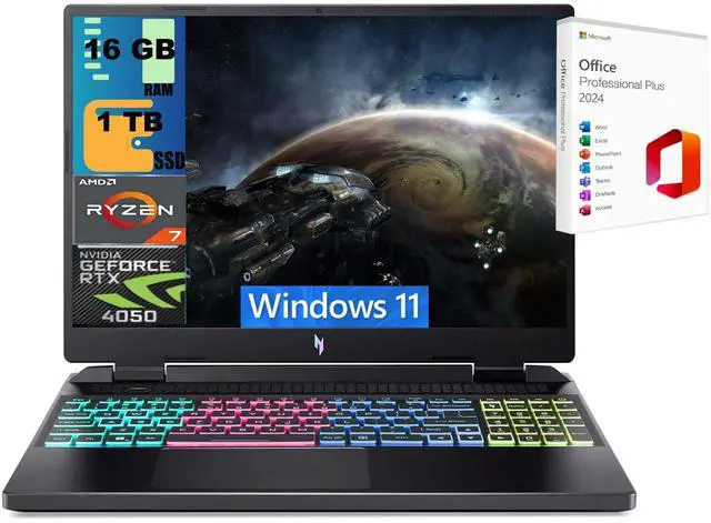 Main image of Acer Nitro 16 Gaming Laptop, 16" WUXGA 165Hz, AMD Ryzen 7 7840HS Octa-Core Processor, NVIDIA GeForce RTX 4050 6 GB, 16GB DDR5  1TB PCIe SSD, RGB Backlit KB, Windows 11 ,Office 2024 License