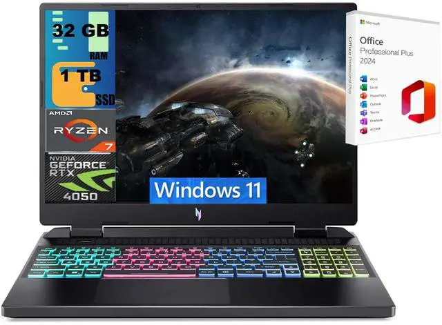 Main image of Acer Nitro 16 Gaming Laptop, 16" WUXGA 165Hz, AMD Ryzen 7 7840HS Octa-Core Processor, NVIDIA GeForce RTX 4050 6 GB, 32GB DDR5  1TB PCIe SSD, RGB Backlit KB, Windows 11 ,Office 2024 License