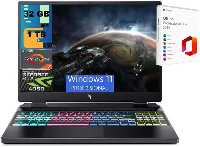 Main image of Acer Nitro 16 Gaming Laptop, 16" WUXGA 165Hz, AMD Ryzen 7 7840HS Octa-Core Processor, NVIDIA GeForce RTX 4050 6 GB, 32GB DDR5  1TB PCIe SSD, RGB Backlit KB, Windows 11 Pro ,Office 2024 License