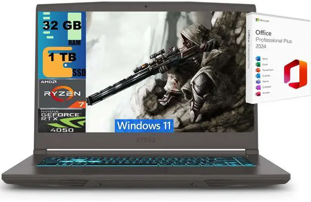 Main image of MSI Thin A15 Gaming Laptop, 15.6" FHD 144Hz, AMD Ryzen 7 7735HS 8 Cores Processor, NVIDIA GeForce RTX 4050 6GB GDDR6, 32GB DDR5  1TB PCIe SSD, Cooler Boost 5, Windows 11 ,Office 2024 License