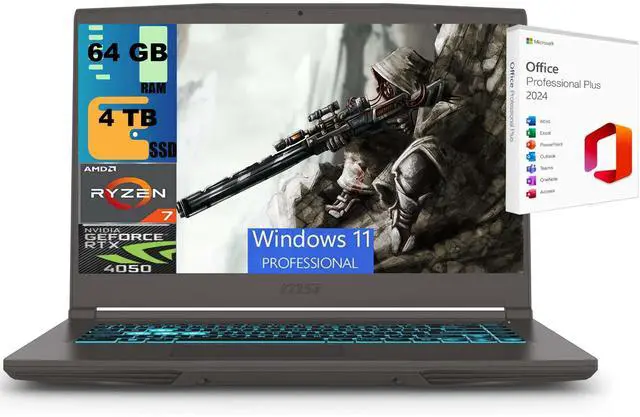 Main image of MSI Thin A15 Gaming Laptop, 15.6" FHD 144Hz, AMD Ryzen 7 7735HS 8 Cores Processor, NVIDIA GeForce RTX 4050 6GB GDDR6, 64GB DDR5  4TB PCIe SSD, Cooler Boost 5, Windows 11 Pro ,Office 2024 License