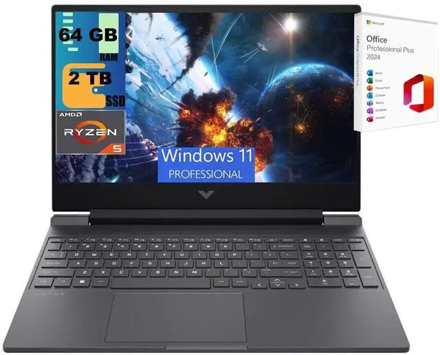 Main image of HP Victus 15 Gaming Laptop, 15.6" FHD 144Hz Display, AMD Ryzen 5 7535HS 6 cores Processor, AMD Radeon RX 6550M, 64GB DDR5  2TB PCIe SSD, Backlit Keyboard, Windows 11 Pro ,Office 2024 License
