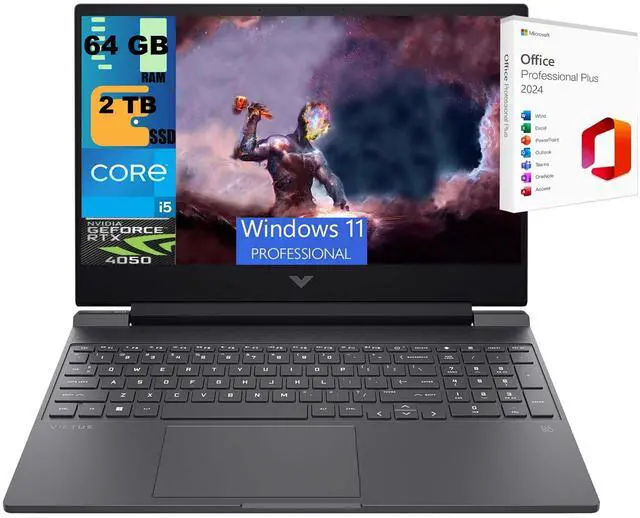 Main image of HP Victus 15 Gaming Laptop, 15.6" FHD 144Hz, Intel Core i5-13420H 8-core Processor, NVIDIA GeForce RTX 4050 6GB Graphic, 64GB DDR5  2TB PCIe SSD, Backlit KB, Windows 11 Pro ,Office 2024 License