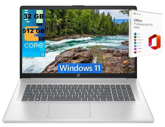 Main image of HP 17 Laptop, 17.3" FHD (1920 x 1080) Display, Intel Core i3-1215U 6 Cores Processor, Intel UHD Graphics, 32GB DDR4  512GB PCIe SSD, Webcam, Wi-Fi, HDMI, Windows 11 ,Office 2024 License
