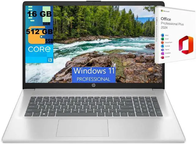 Main image of HP 17 Laptop, 17.3" FHD (1920 x 1080) Display, Intel Core i3-1215U 6 Cores Processor, Intel UHD Graphics, 16GB DDR4  512GB PCIe SSD, Webcam, Wi-Fi, HDMI, Windows 11 Pro ,Office 2024 License