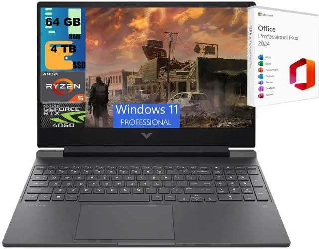 Main image of HP Victus 15 Gaming Laptop, 15.6" FHD 144Hz, AMD Ryzen 5 8645HS 6 Cores Processor, NVIDIA GeForce RTX 4050 6GB GDDR6, 64GB DDR5  4TB PCIe SSD, Backlit KB, Windows 11 Pro ,Office 2024 License