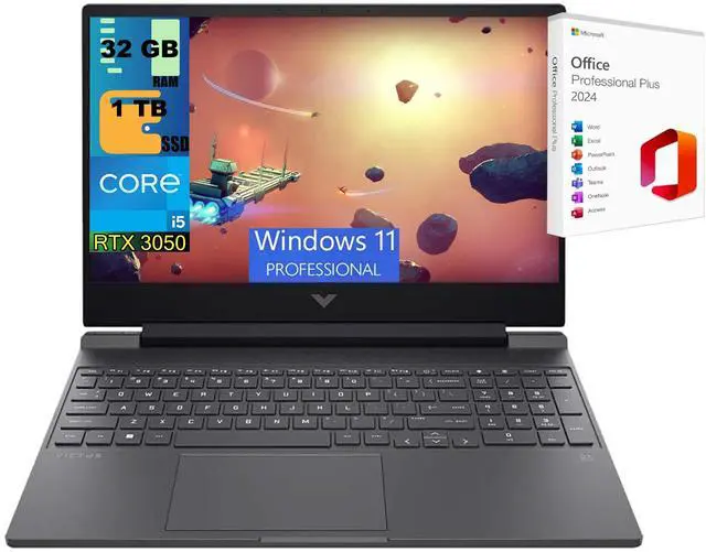 Main image of HP Victus 15 Gaming Laptop, 15.6" FHD 144Hz, Intel Core i5-13420H 8-Core Processor, NVIDIA GeForce RTX 3050 6GB GDDR6, 32GB DDR5  1TB PCIe SSD, Backlit KB, Windows 11 Pro ,Office 2024 License