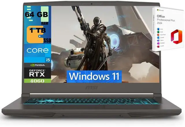 Main image of MSI Thin 15 Gaming Laptop, 15.6" FHD 144Hz, Intel Core i5-13420H 8 cores Processor, NVIDIA GeForce RTX 4060 8GB Graphic, 64GB DDR5  1TB PCIe SSD, Backlit Keyboard, Windows 11 ,Office 2024 License