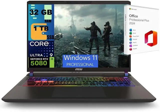 Main image of MSI Vector 16 Gaming Laptop, 16" 240Hz QHD+, Intel Core Ultra 9 275HX 24 Cores Processor, NVIDIA GeForce RTX 5080 16GB GDDR7, 32GB DDR5  1TB PCIe SSD, RGB Backlit, Windows 11 Pro ,Office 2024 License