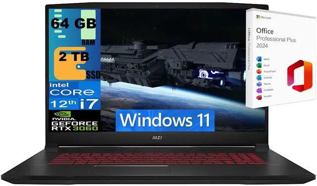 Main image of MSI Katana GF66 15 Gaming Laptop, 15.6" FHD 144Hz, Intel Core i7-12700H 14-Core Processor, NVIDIA GeForce RTX 3060 6GB GDDR6, 64GB DDR5  2TB PCIe SSD, Backlit KB, Windows 11 ,Office 2024 License