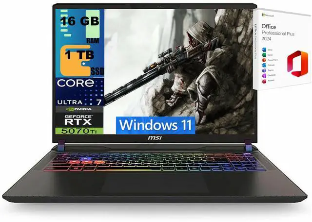 Main image of MSI Vector 16 Gaming Laptop, 16" QHD+ 240Hz, Intel 20-core Ultra 7 255HX Processor, NVIDIA GeForce RTX 5070 Ti 12GB Graphic, 16GB DDR5  1TB PCIe SSD, RGB Backlit KB, Windows 11 ,Office 2024 License