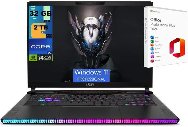 Main image of MSI Raider GE68 HX 16 Gaming Laptop, 16" UHD+ 120Hz, Intel core i9-14900HX 24 Cores Processor, RTX 4070 8GB GDDR6, 32GB DDR5  2TB PCIe SSD, WiFi 7, Windows 11 Pro ,Office 2024 License