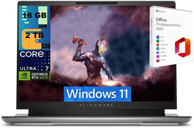 Main image of Alienware X16 Gaming Laptop, 16" QHD+ 240Hz, Intel Core Ultra 7-155H 16 cores Processor, NVIDIA GeForce RTX 4070 8GB GDDR6, 16GB  DDR4  2TB PCIe SSD, Backlit KB, Windows 11 Home ,Office 2024 License