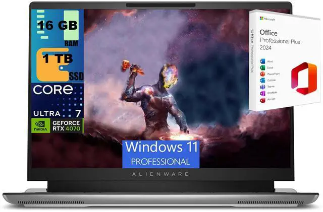 Main image of Alienware X16 Gaming Laptop, 16" QHD+ 240Hz, Intel Core Ultra 7-155H 16 cores Processor, NVIDIA GeForce RTX 4070 8GB GDDR6, 16GB  DDR4  1TB PCIe SSD, Backlit KB, Windows 11 Pro ,Office 2024 License